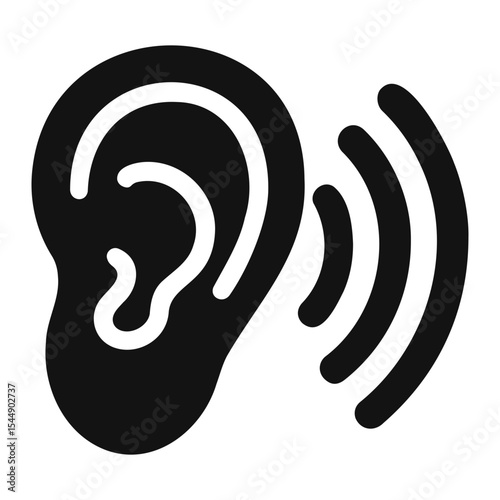 A black and white illustration of an ear with sound waves emanating from it on a white background on transparent background