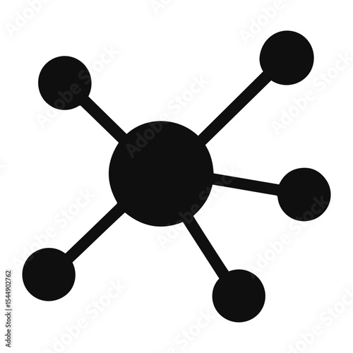 A black molecule structure with a central circle and five extending lines to smaller circles is shown on transparent background