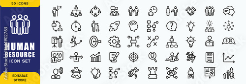 Set of 50 outline icons related to HR, Human Resources, Recruitment, Employment, business, office, company, management. Linear icon collection. Editable stroke. Vector illustration