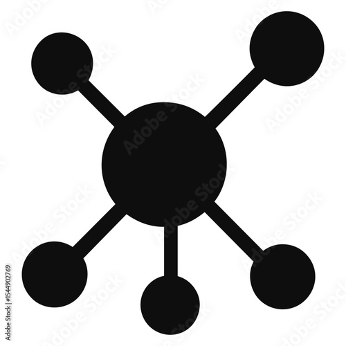 A black atom structure with a central circle and five smaller circles connected by lines around it on transparent background