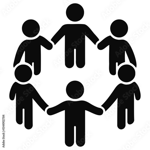 A circle of stylized black figures holding hands symbolizing unity and cooperation in a group setting on transparent background