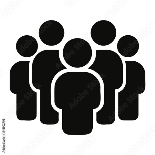 A group of stylized black figures standing together in a cluster forming a crowd illustration on transparent background