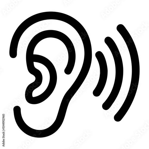 Illustration of a human ear with sound waves emanating from it in a minimalist line art style on transparent background