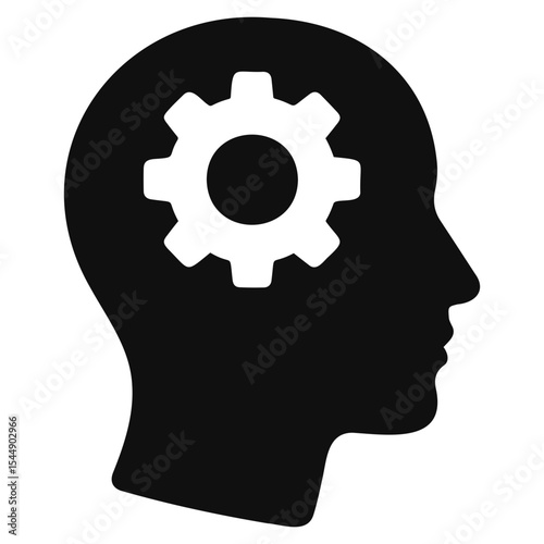 Silhouette of a head with a white gear inside representing thinking and problem solving process on transparent background