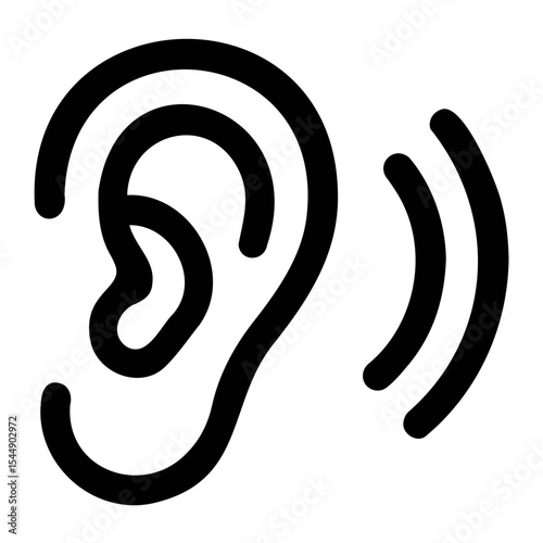 Illustration of a human ear with sound waves emanating from it in a simple black outline style on transparent background