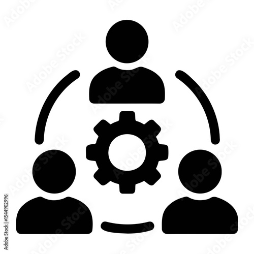 Illustration of three people connected by arcs around a gear, depicting teamwork and process on transparent background