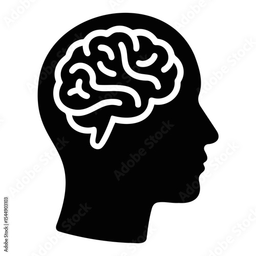 Silhouette of a head with a brain inside representing thought process and intelligence concept on transparent background