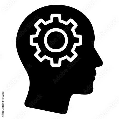 Illustration of a human head silhouette with a gear inside the head, representing thinking process on transparent background
