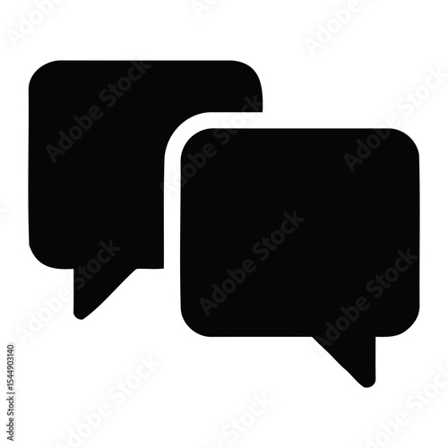Two black speech bubbles overlapping each other representing communication and conversation icon style on transparent background