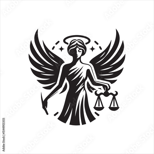 Angelic figure of justice, wings spread, holding scales and quill, celestial halo.