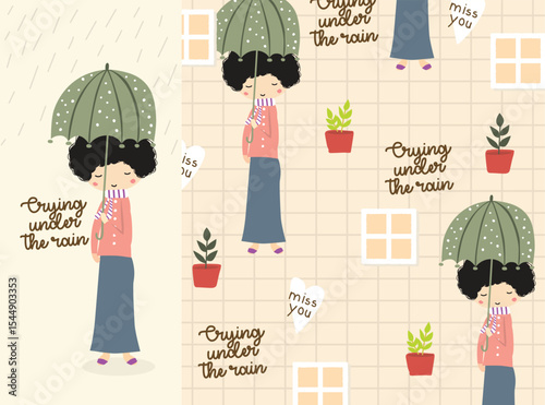 cute lady crying under the rain.eps