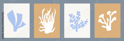 Abstract modern posters in Matisse style. Contemporary print with nature themed, irregular shapes. Retro wall decor paintings with floral, seaweed coral, chaotic shapes. Vector illustration collection