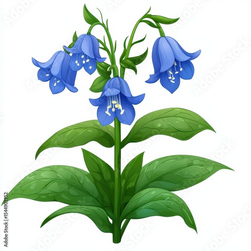 Detailed Close up of Bluebell Flower with Green Leaves on White Background