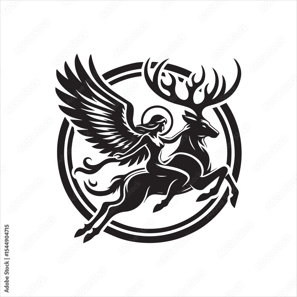 Obraz premium Winged woman gracefully riding a majestic stag, encircled by a symbolic halo, depicted in a stylized black and white illustration.