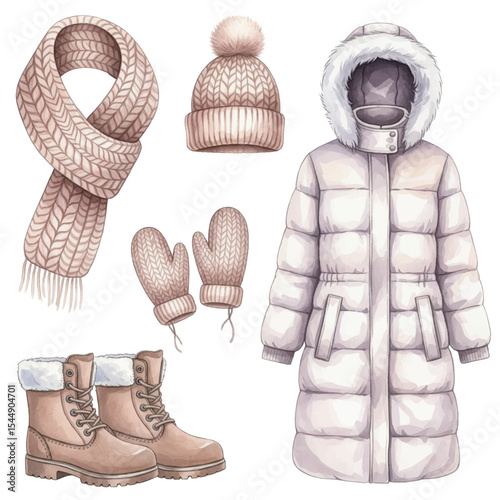 Types of Winter Clothing for Women Isolated on Transparent PNG Background - Watercolour Art