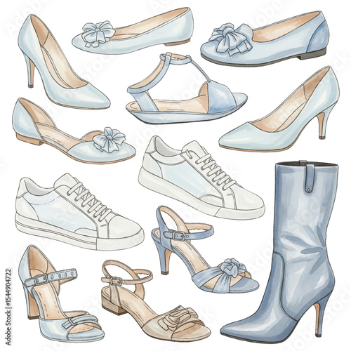 Types of Women's Footwear Isolated on Transparent PNG Background - Watercolour Art