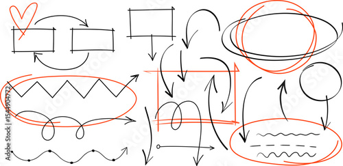 Hand drawn highlight, arrows, text underline strokes and emphasis marks. Set of Sketches of ellipse, rectangle, square, oval and mark. Collection of brush doodle elements and shapes for message notes