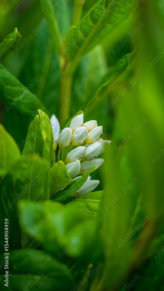 Obraz premium Close-up of dew-kissed white flower buds nestled amongst vibrant green foliage