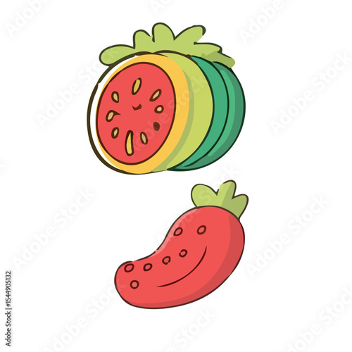 Set of fresh cartoon fruits and vegetables illustration