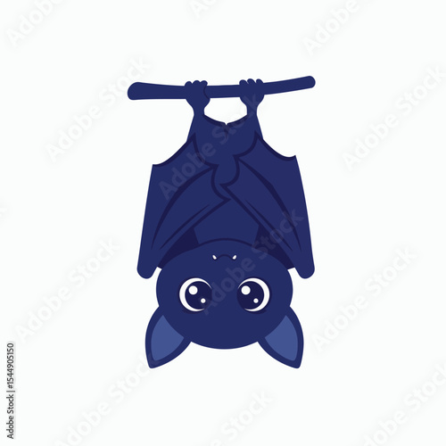 A blue cartoon bat hangs upside down from a brown branch