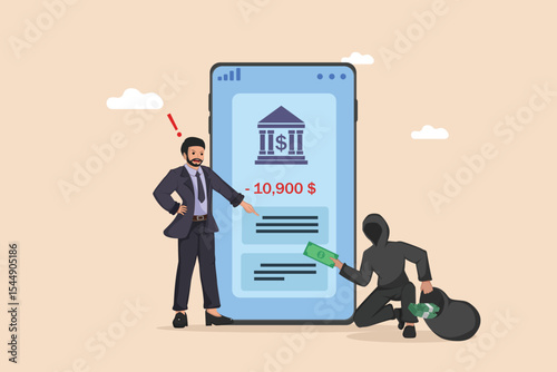 Financial Fraud Alert: Man Discovering Stolen Money from Online Banking App, Highlighting Cybersecurity Risks and Bank Account Theft.