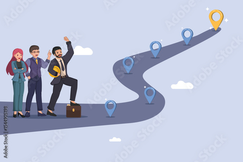 Business Professionals Following a Strategic Roadmap Marked with Location Pins to Achieve Final Destination.