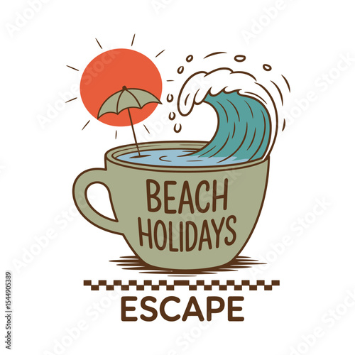 Beach holidays escape concept artwork cup sun umbrella wave summer vacation illustration