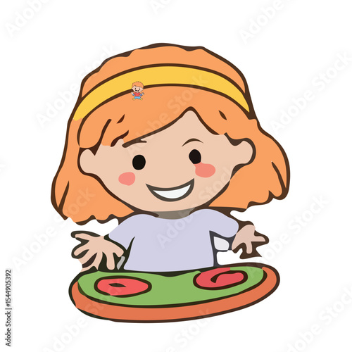 Happy cartoon little girl with a spoon eating cake, a joyful illustration of a child enjoying food