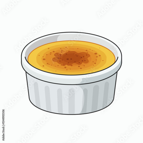 A crème brûlée in a white ramekin featuring a caramelized sugar crust with dark spots