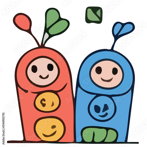 Funny cartoon  characters with smiling faces and playful expressions