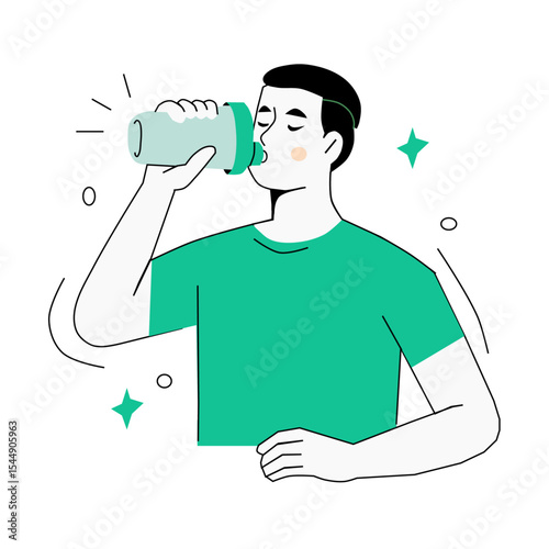 Man character drinking protein shake from shaker bottle after gym. Fitness and sport outline concept. Vector illustration.
