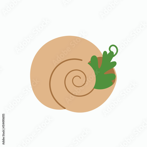 A tan snail shell with a green leaf is the focal point of the image