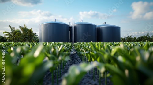 A biogas plant utilizing energy crops (e.g., maize silage or grass) as feedstock, showing fields harvested and transported to the plant, highlighting sustainable biomass cultivation.