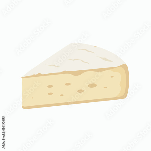 A wedge of pale yellow cheese with a soft white rind with several air pockets is shown against a white background