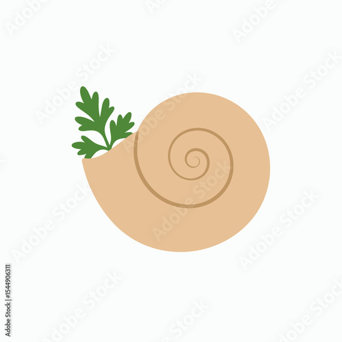 Beige snail shell with green foliage in its opening set on a white background