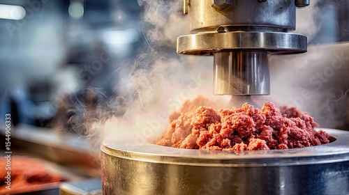Inside a food plant, a heavy-duty mincer processes meat into fine texture, ensuring efficiency and uniformity.
 photo