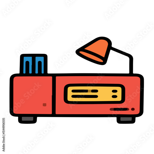 A stylized illustration of a red bedside table with a lamp and books.