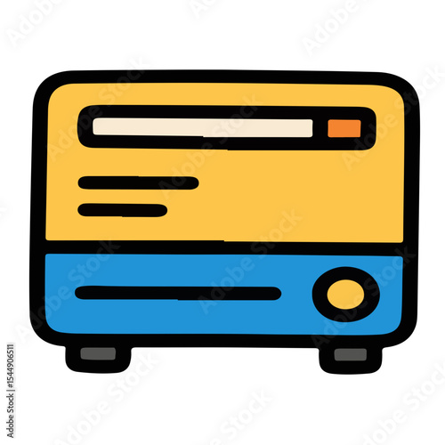 Cartoon illustration of a yellow and blue computer server with black outline and details.