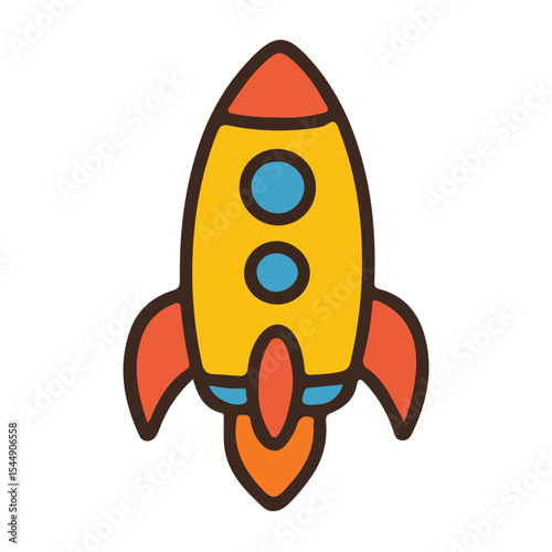 A retro cartoon rocket spaceship surfs through space, a vintage design symbol