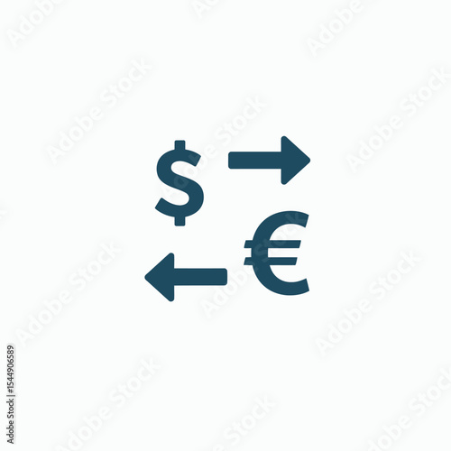 Dark blue icons depict a dollar sign Euro sign  leftright arrows indicating currency exchange
