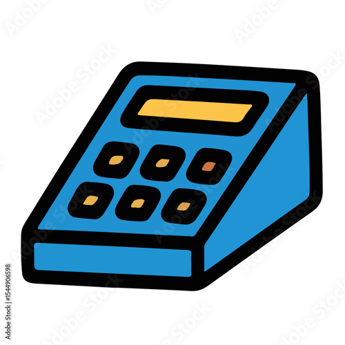 Blue calculator with yellow buttons and display, outlined in black, on a white background.