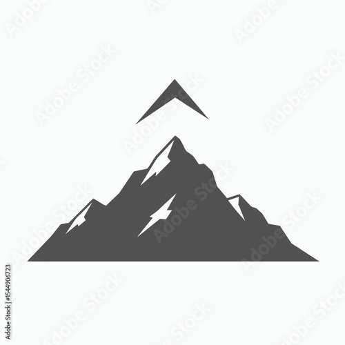 Gray mountain with a sharp peak and a triangular symbol above it on a white background