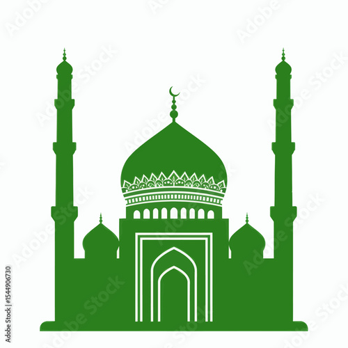 Green mosque silhouette with minarets and a dome topped by a crescent moon architectural depiction