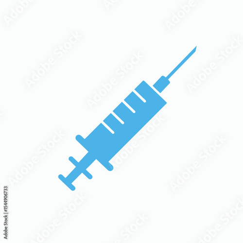 Light blue syringe with plunger and needle angled on a white background