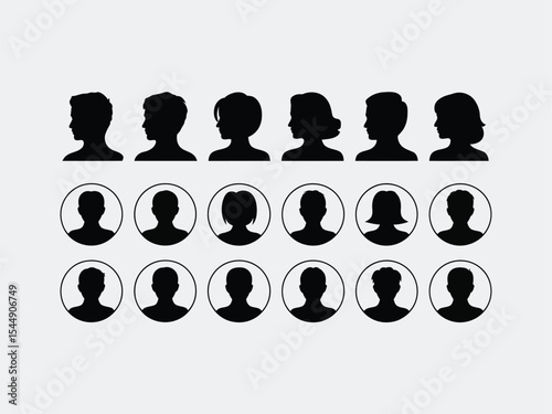 Black Silhouettes of Male and Female Headshots Profile and Circle Icons