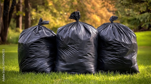 Set against fresh grass, the black garbage bags create a contrast that highlights everyday suburban waste management.
