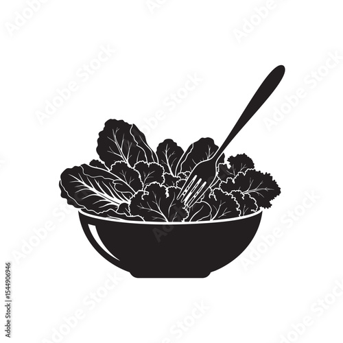 Stylized black and white illustration of a salad bowl with a fork
