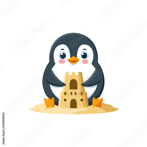 Cute Penguin building a sandcastle