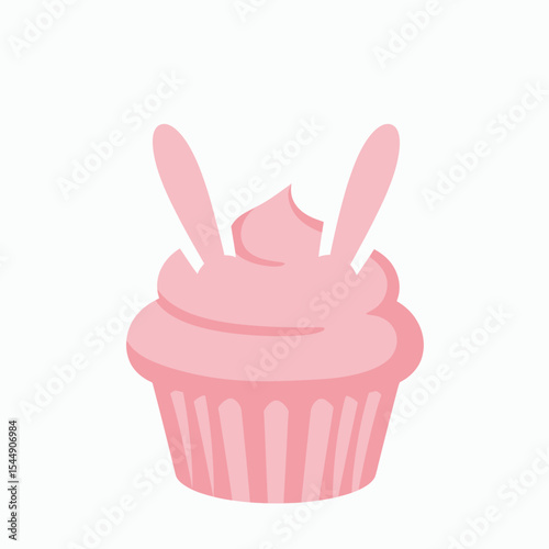 Pink cupcake with two bunny ears sticking out of the frosting
