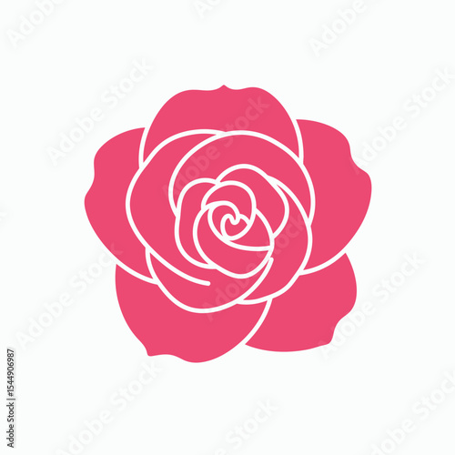 Pink rose outline with spiraled center petals blooming outward on a white backdrop